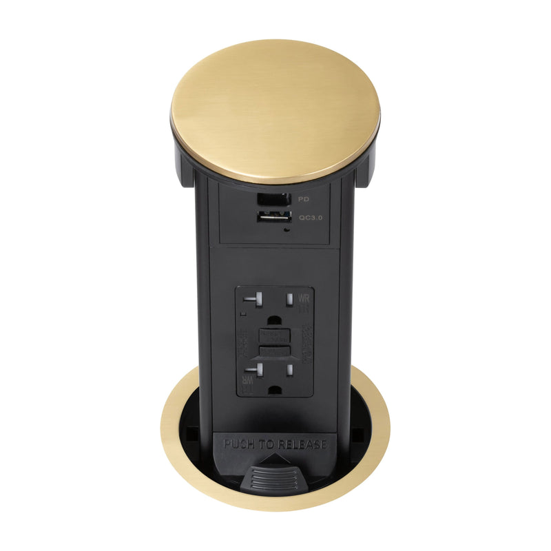 Lew PUR20GACD-B Round Kitchen Pop Up GFCI Outlet USB-A/C Charging Brass