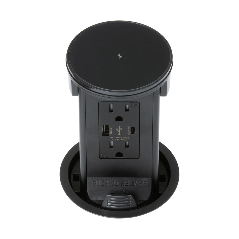 Lew PUR15ACQD-BK Round Kitchen Pop Up Outlet 15A, USB-A/C, Qi, Matte Black