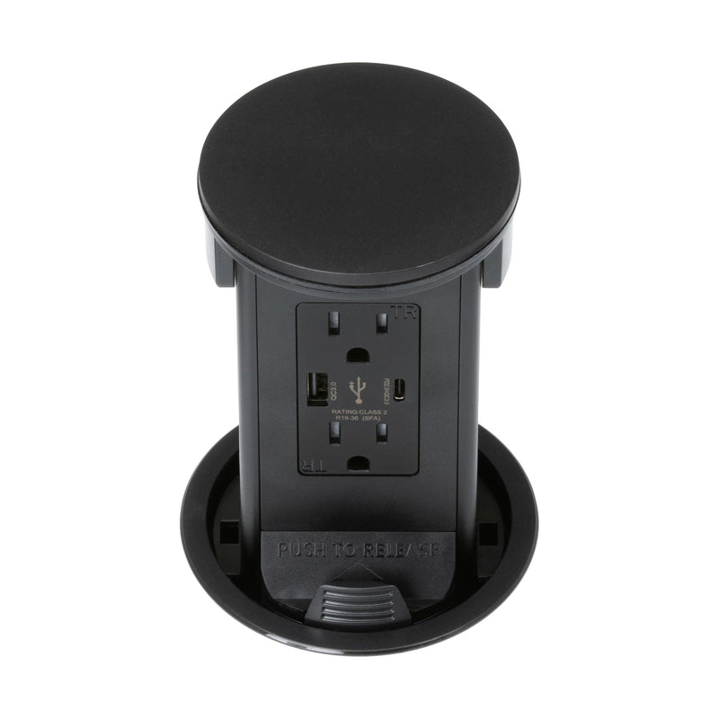 Lew PUR15ACQD-RBK Round Kitchen Pop Up Outlet 15A, USB-A/C, Qi, Black Plastic