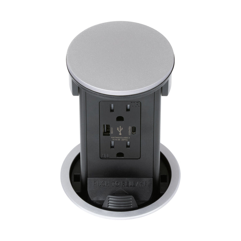 Lew PUR15ACQD-RSS Round Kitchen Pop Up Outlet 15A, USB-A/C, Qi, Stainless Plastic