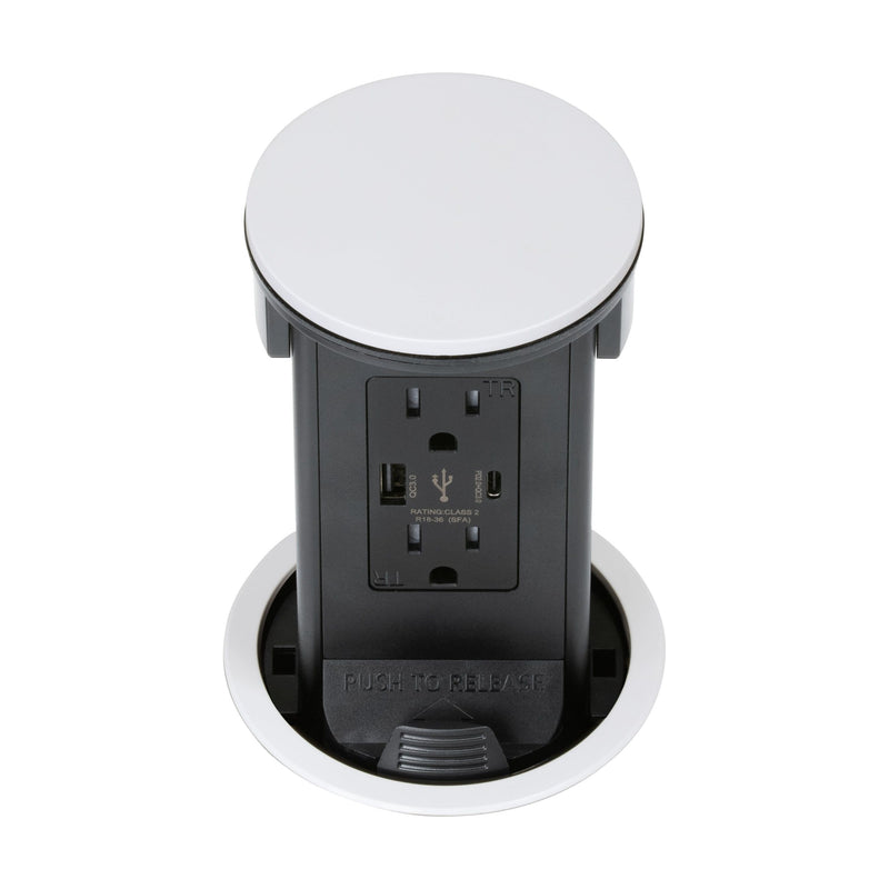 Lew PUR15ACQD-RWT Round Kitchen Pop Up Outlet 15A, USB-A/C, Qi, White Plastic