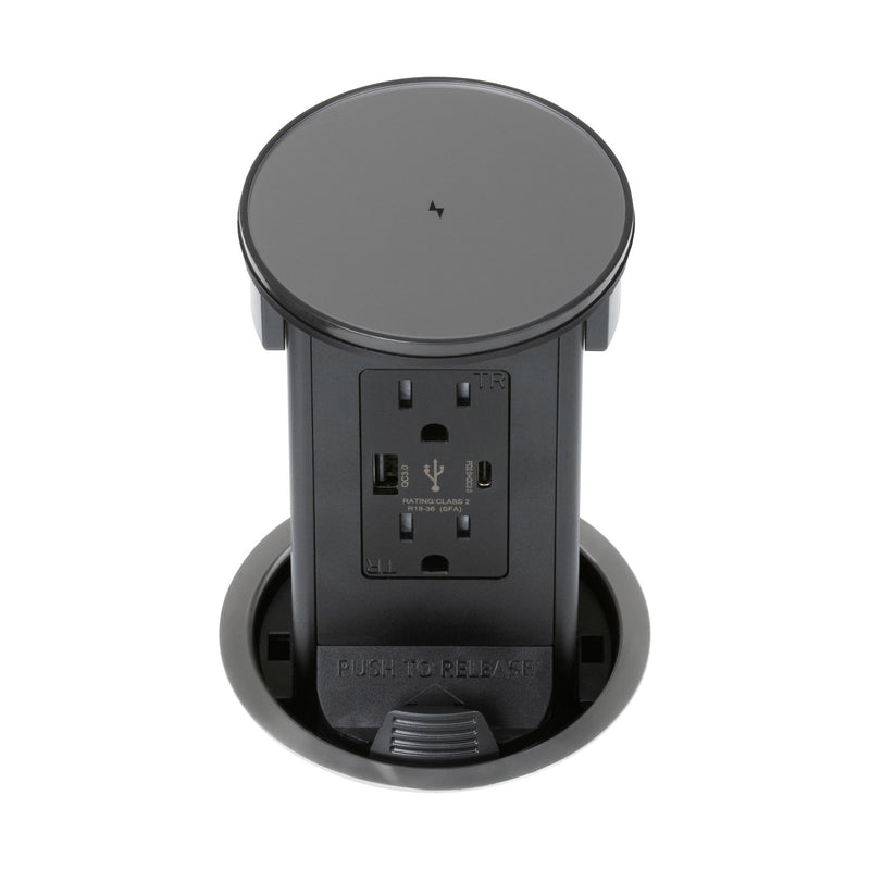 Lew PUR15ACQD-SS Round Kitchen Pop Up Outlet 15A, USB-A/C, Qi, Stainless Glass