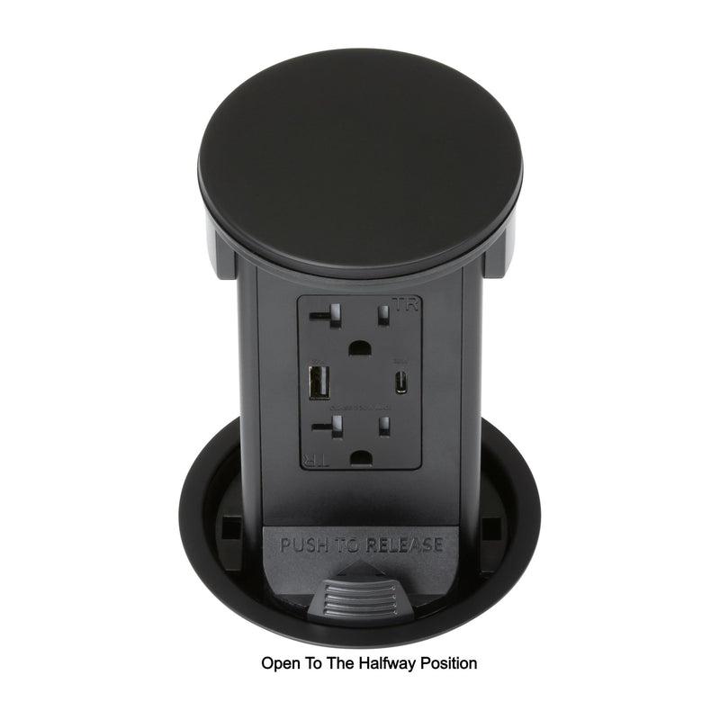 Lew PUR20AC2PD-BK Round Kitchen Pop Up Dual Outlet, USB-A/C Charging, Matte Black