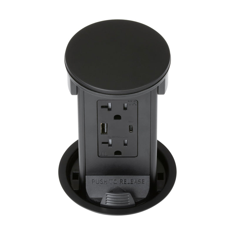 Lew PUR20ACD-BK Round Kitchen Pop Up Outlet USB-A/C Charging, Black