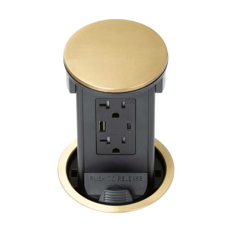 Lew PUR20ACD-B Round Kitchen Pop Up Outlet USB-A/C Charging, Brass