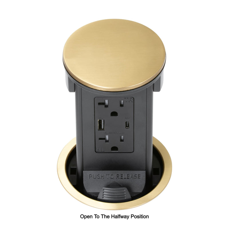 Lew PUR20AC2PD-B Round Kitchen Pop Up Dual Outlet USB-A/C Charging, Open Halfway, Brass