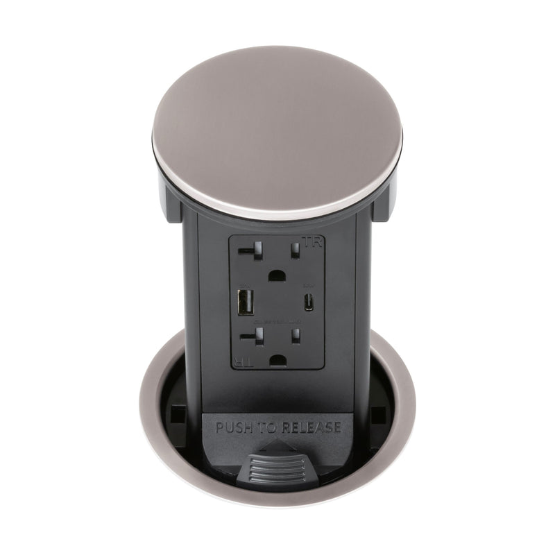 Lew PUR20ACD-DB Round Kitchen Pop Up Outlet USB-A/C Charging, Nickel