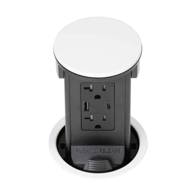 Lew PUR20ACD-WT Round Kitchen Pop Up Outlet USB-A/C Charging, White