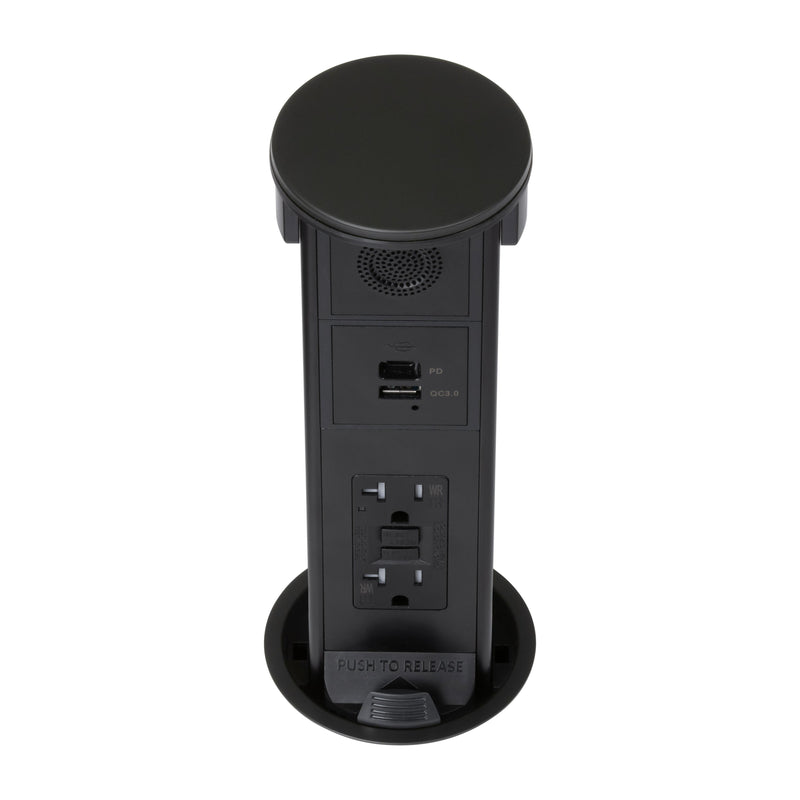 Lew PUR20GACBTD-BK Round Kitchen Pop Up GFCI, Speaker, USB-A/C Charging Black