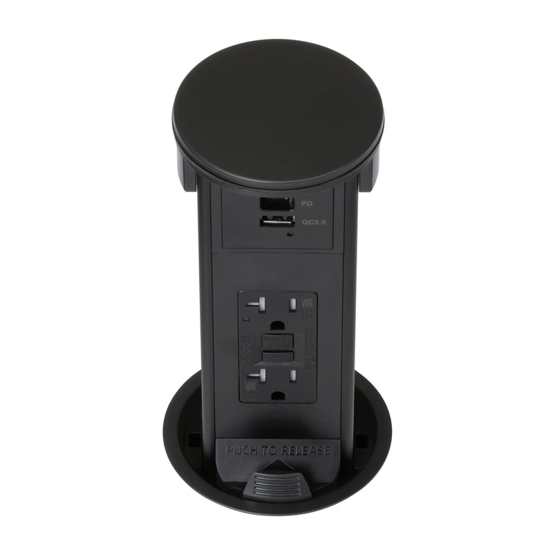 Lew PUR20GACD-BK Round Kitchen Pop Up GFCI Outlet USB-A/C Charging Matte Black