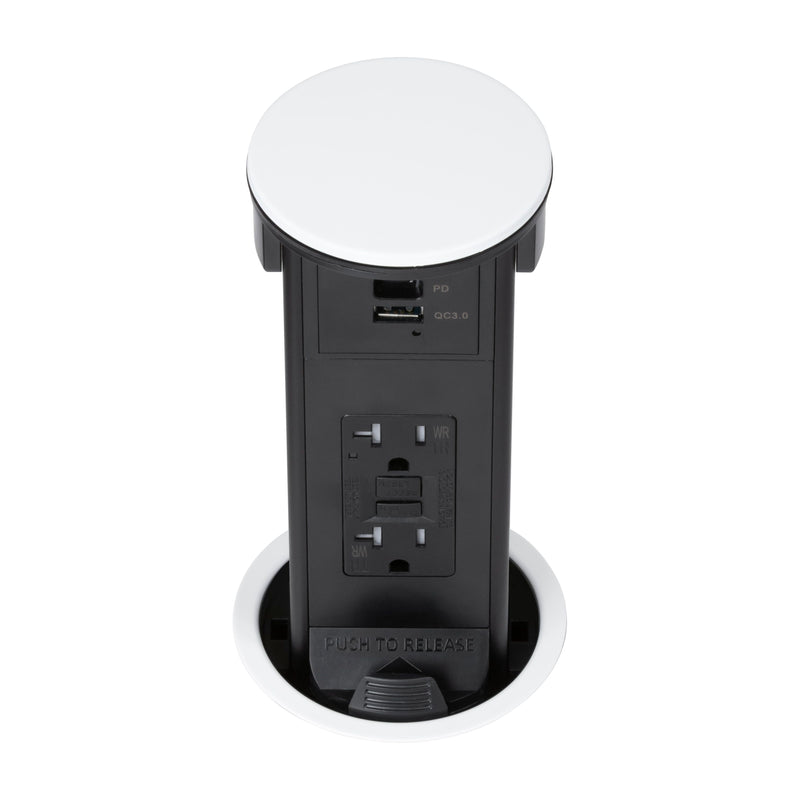 Lew PUR20GACD-WT Round Kitchen Pop Up GFCI Outlet USB-A/C Charging White