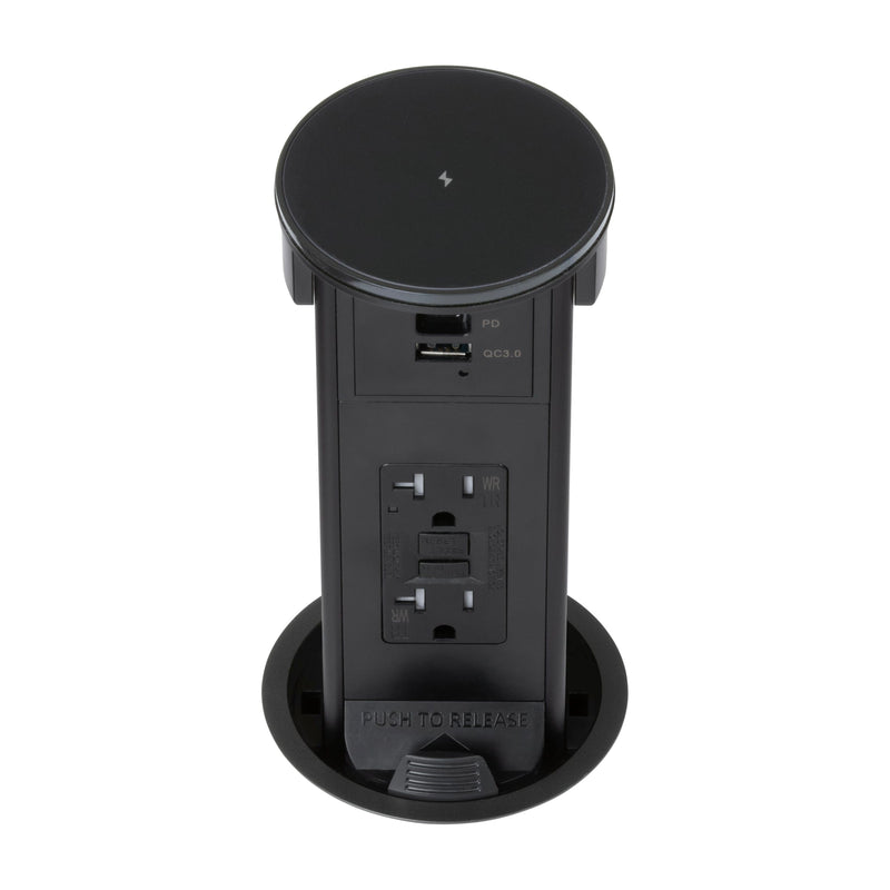 Lew PUR20GACQD-BK Kitchen Pop Up GFCI Outlet USB-A/C Qi Charging Black