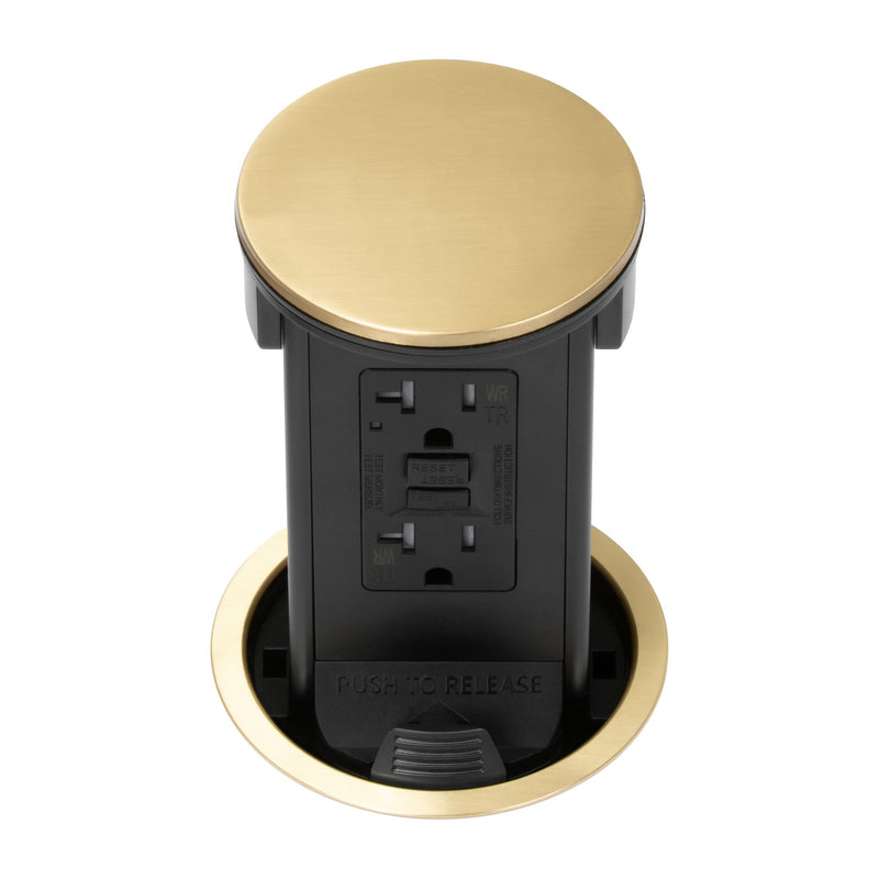 Lew PUR20GD-B Round Kitchen Countertop Pop Up Outlet, GFCI, Brass