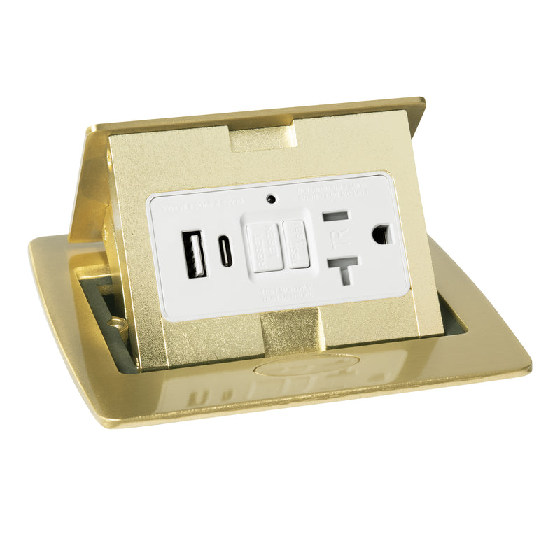 Kitchen Counter Pop Up Outlet, GFI & USB A/C, Metal Back Box, 20A, Brass