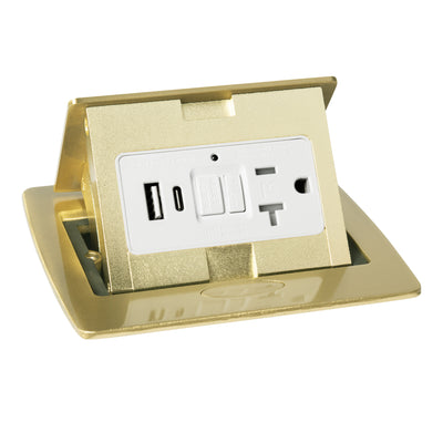 Kitchen Counter Pop Up Outlet, GFI & USB A/C, Plastic Back Box, 20A, Brass