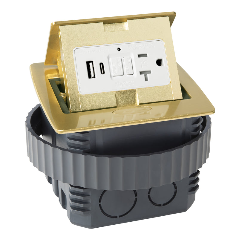 Kitchen Counter Pop Up Outlet, GFI & USB A/C, Plastic Back Box, 20A, Brass, Entire Unit