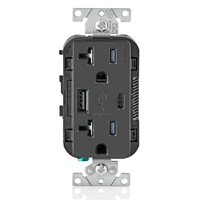 Leviton T5833-E 5.1A USB Type-A Type-C Charging Wall 20A Outlet, Black