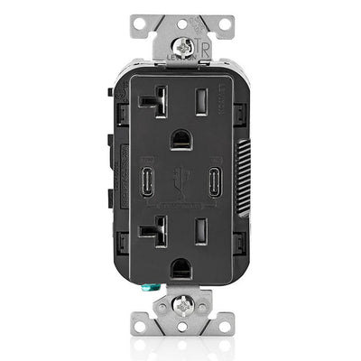 Leviton T5835-E 20A Dual USB-C 30W Charging Wall TR Outlet, Black