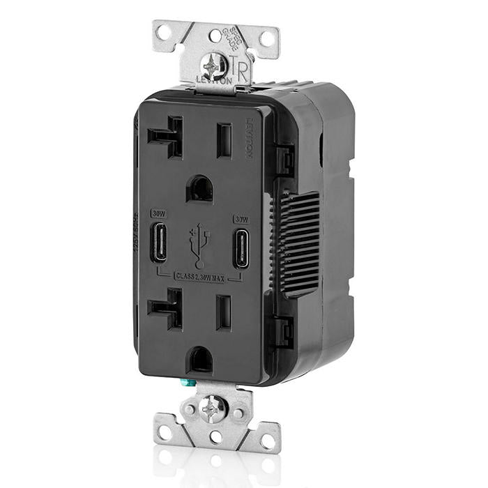 20A Dual USB-C Port Charging Power Delivery (PD) Outlet, Black