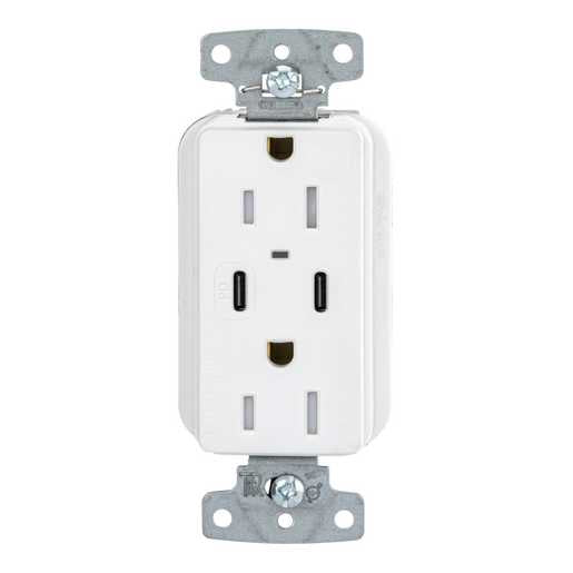 Hubbell USB15CPDW 55W Dual USB-C PD Charging, 15A Outlet, White