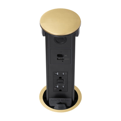 Lew PUR20GACBTD-B Round Kitchen Pop Up GFCI, Speaker, USB-A/C, Brass