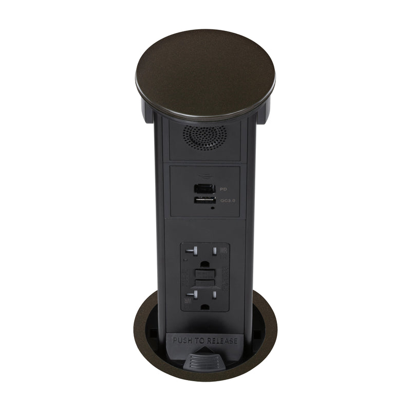 Lew PUR20GACBTD-DB Round Kitchen Pop Up GFCI, Speaker, USB-A/C, Bronze